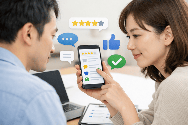 現金化サービスの口コミや評判をスマホで比較しているイメージ