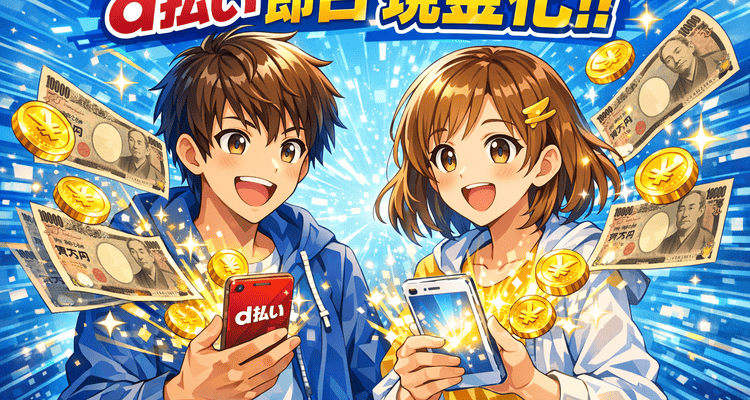 d払いの現金化でお金を得るイメージのポップなアニメ風イラスト