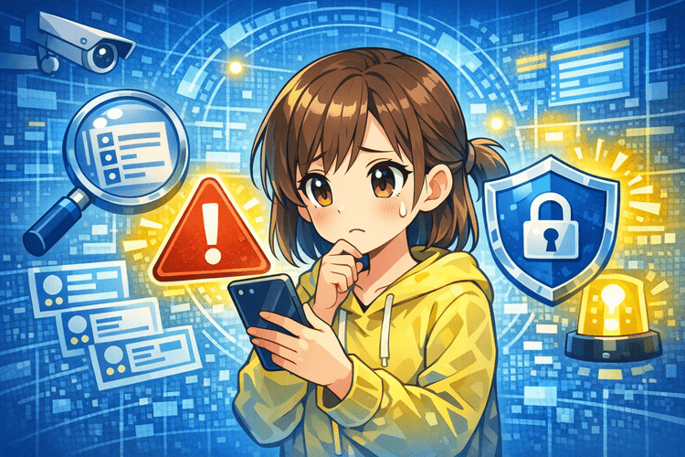 スマホ利用と注意点を表現したポップな警告イラスト